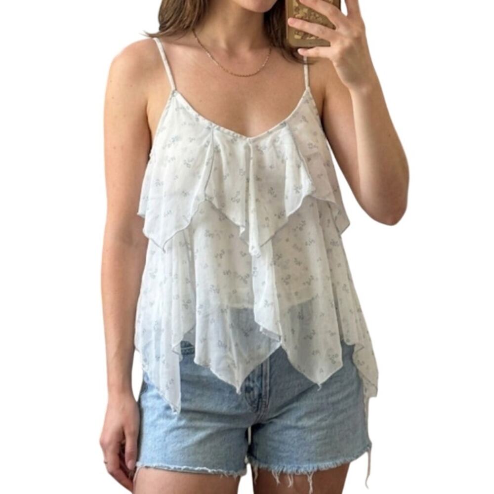 Abercrombie & Fitch Mesh Top S Tier Lined White & Dainty Blue Green Floral Print